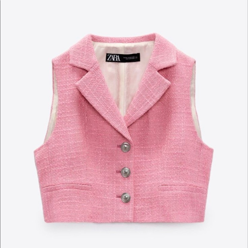 Zara pink large vest, tweed, textured, metallic buttons, waist coat #bar…